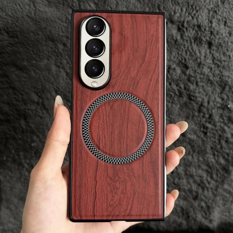 For Galaxy Z Fold4 Wood Grain Magnetic PC Shockproof Phone Case