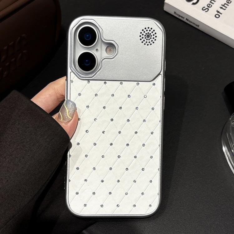 For iPhone 16 Plus Electroplating PC Grid Texture Vegan Leather Phone Case