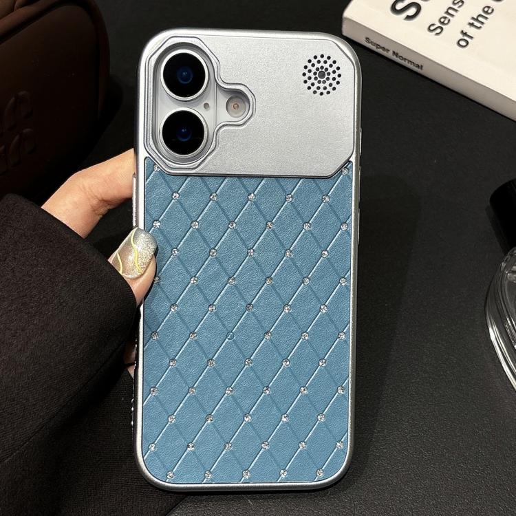 For iPhone 16 Plus Electroplating PC Grid Texture Vegan Leather Phone Case