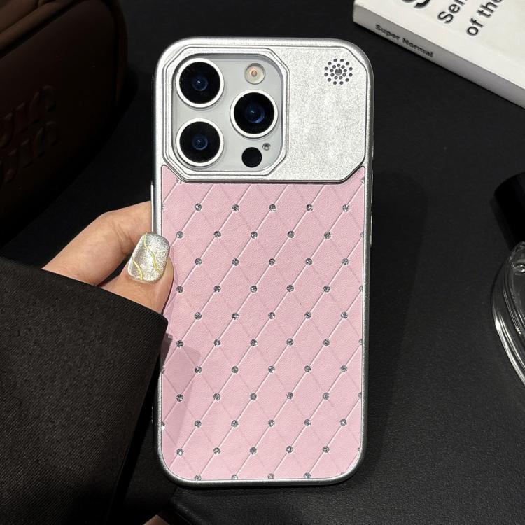 For iPhone 15 Pro Electroplating PC Grid Texture Vegan Leather Phone Case