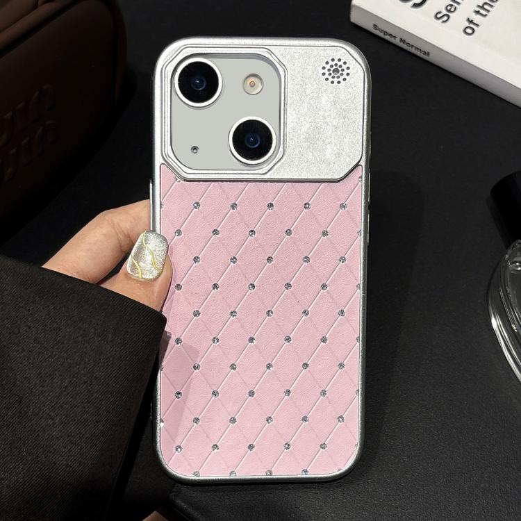 For iPhone 15 Plus / 14 Plus Electroplating PC Grid Texture Vegan Leather Phone Case