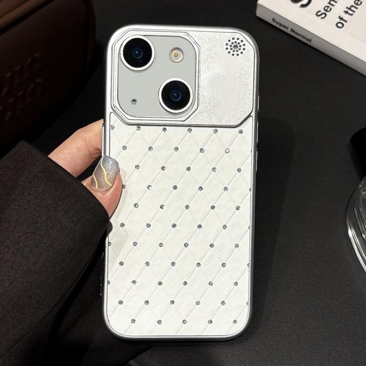 For iPhone 15 Electroplating PC Grid Texture Vegan Leather Phone Case
