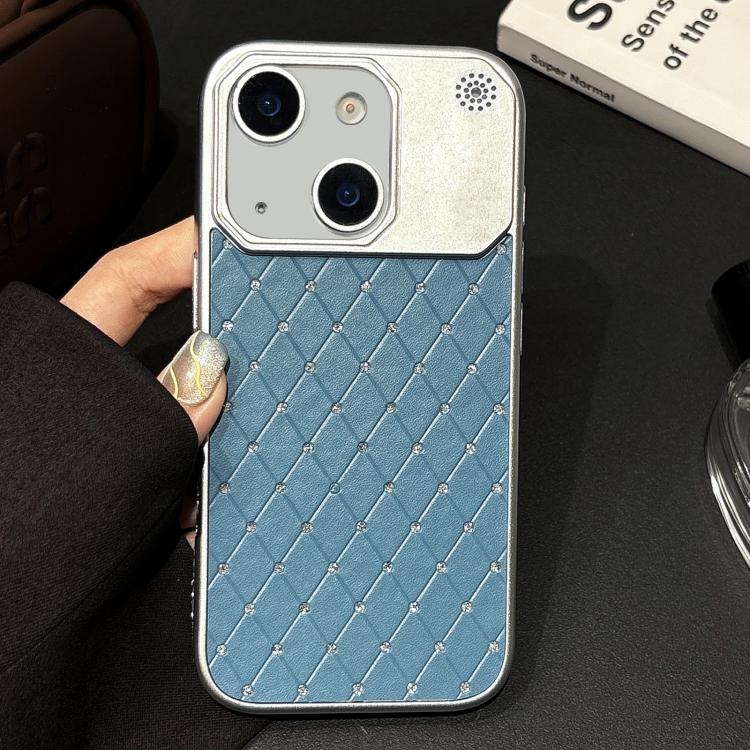 For iPhone 15 Electroplating PC Grid Texture Vegan Leather Phone Case