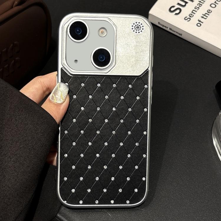 For iPhone 14 / 13 Electroplating PC Grid Texture Vegan Leather Phone Case