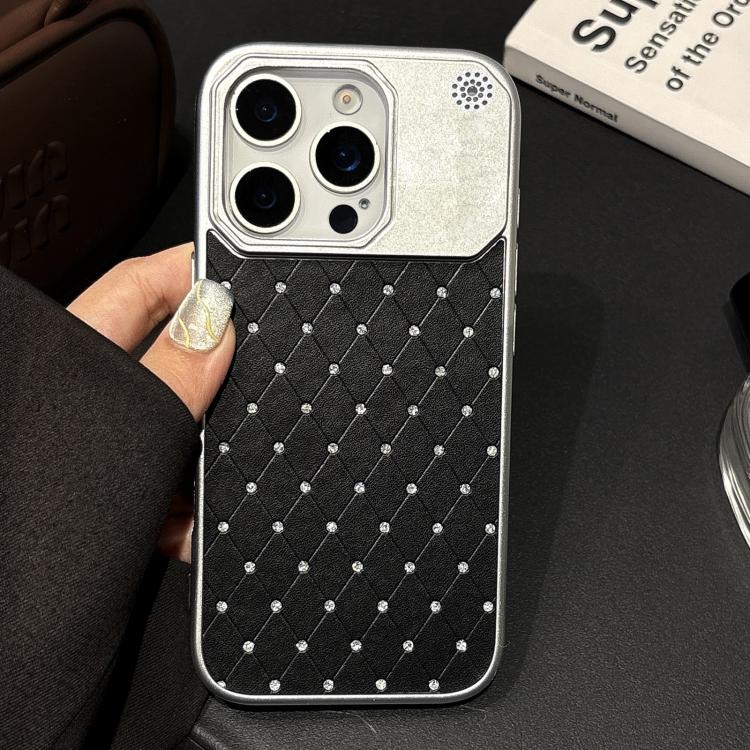 For iPhone 14 Pro Electroplating PC Grid Texture Vegan Leather Phone Case