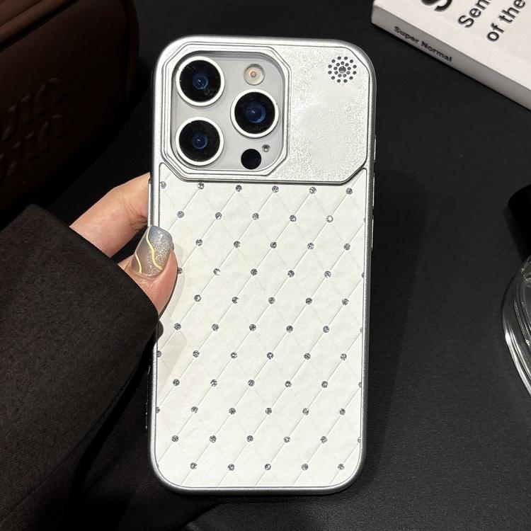 For iPhone 14 Pro Electroplating PC Grid Texture Vegan Leather Phone Case