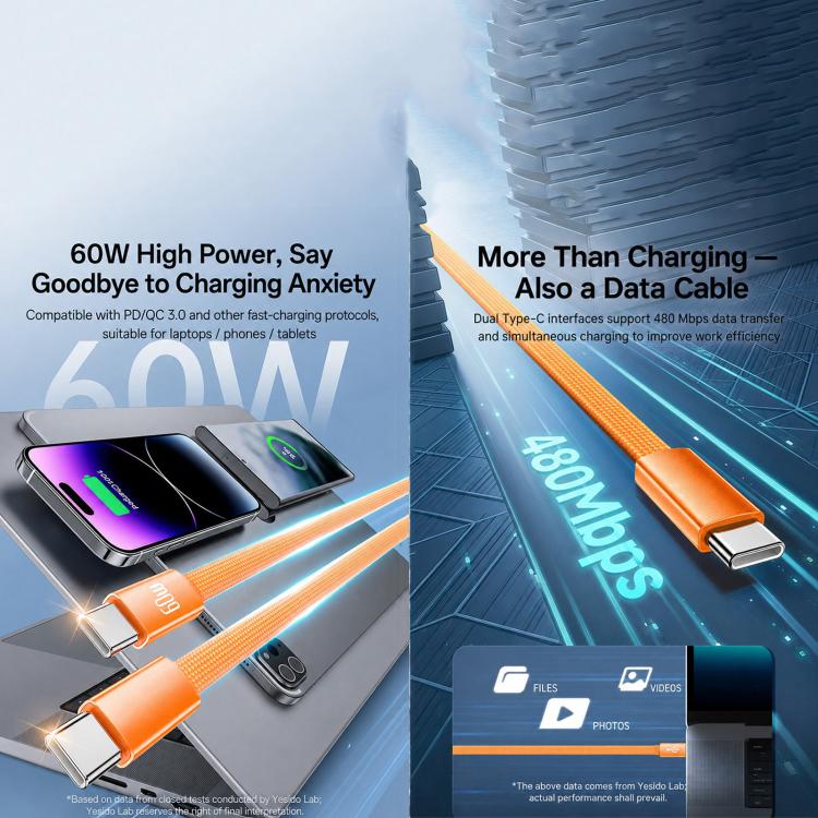 Yesido CA206 60W Type-C to Type-C Super Fast Charging Braided Data Cable, Length: 1.2m