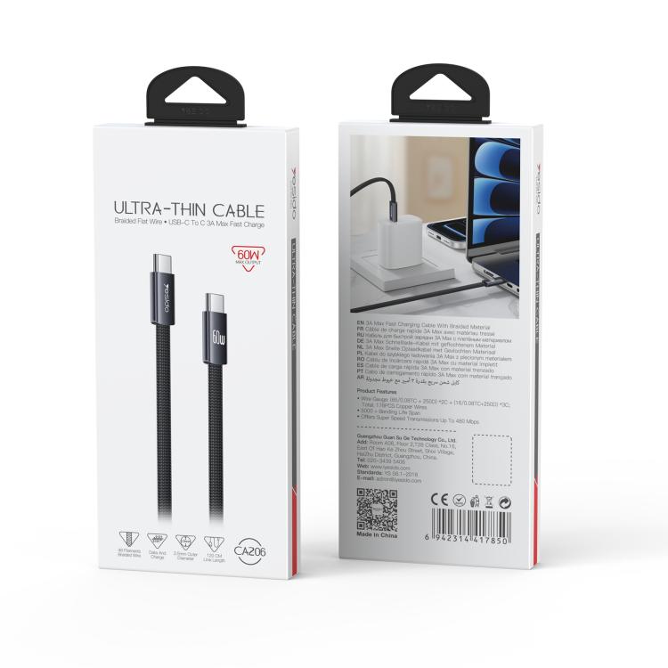 Yesido CA206 60W Type-C to Type-C Super Fast Charging Braided Data Cable, Length: 1.2m
