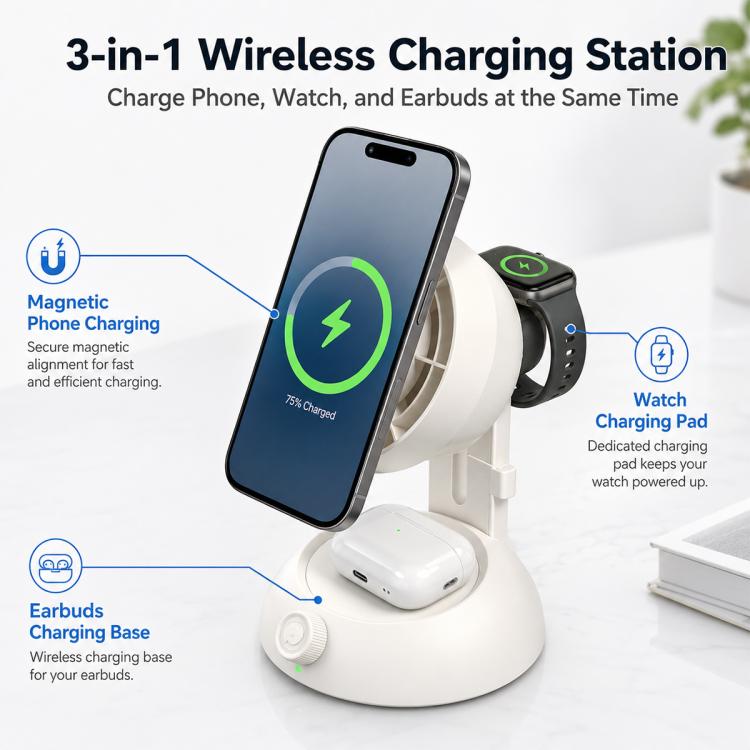 YT50 25W  Fan version 3 in 1 Magnetic Wireless Fast Charger - White