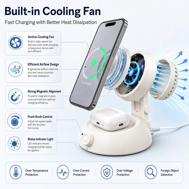 YT50 25W  Fan version 3 in 1 Magnetic Wireless Fast Charger - White