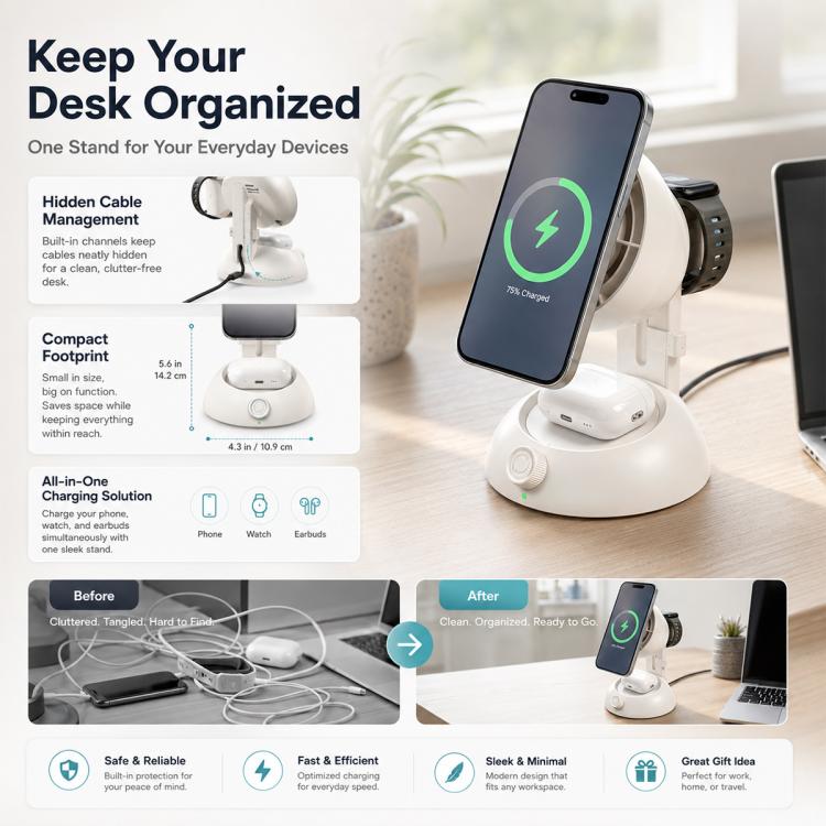 YT50 25W  Fan version 3 in 1 Magnetic Wireless Fast Charger - White