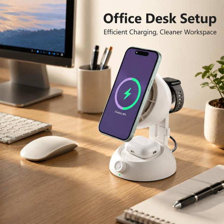 YT50 25W  Fan version 3 in 1 Magnetic Wireless Fast Charger - White