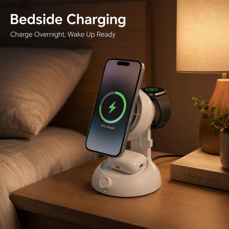 YT50 25W  Fan version 3 in 1 Magnetic Wireless Fast Charger - White
