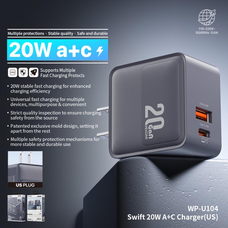 WK WP-U104 Swift 20W USB-C / Type-C, USB-A Charger, Plug:US Plug - Grey
