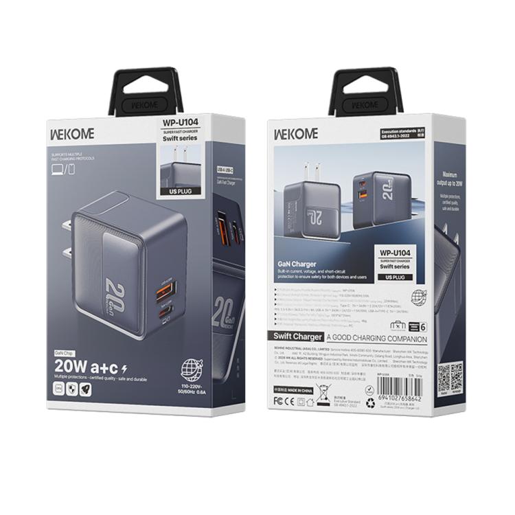 WK WP-U104 Swift 20W USB-C / Type-C, USB-A Charger, Plug:US Plug - Grey
