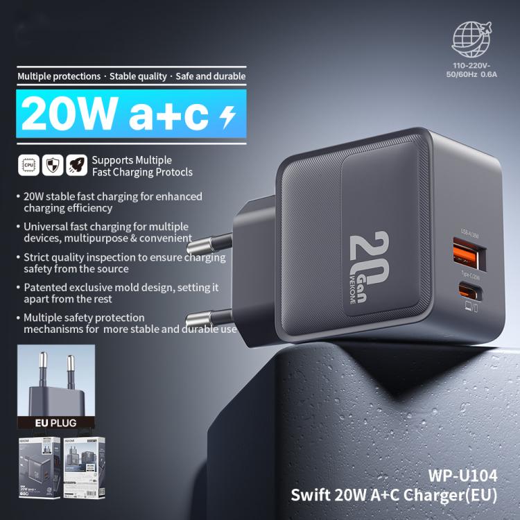 WK WP-U104 Swift 20W USB-C / Type-C, USB-A Charger, Plug:EU Plug - Grey