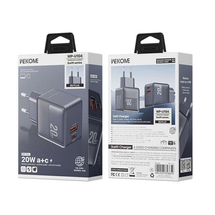 WK WP-U104 Swift 20W USB-C / Type-C, USB-A Charger, Plug:EU Plug - Grey