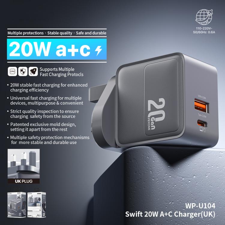 WK WP-U104 Swift 20W USB-C / Type-C, USB-A Charger, Plug:UK Plug - Grey