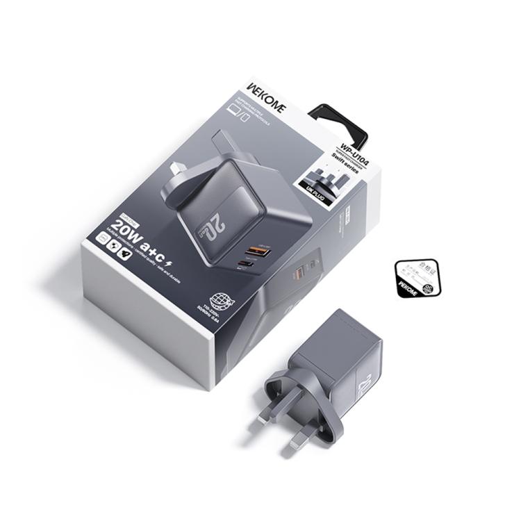 WK WP-U104 Swift 20W USB-C / Type-C, USB-A Charger, Plug:UK Plug - Grey