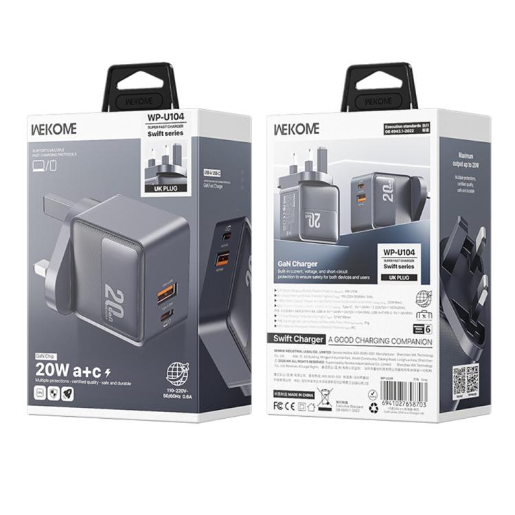 WK WP-U104 Swift 20W USB-C / Type-C, USB-A Charger, Plug:UK Plug - Grey