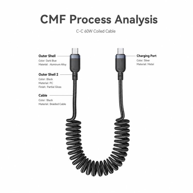 Yesido CA205 USB-C / Type-C to USB-C / Type-C Spring Charging Data Cable With Black cable tie, Length: 1.5m - Black