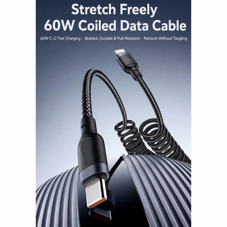 Yesido CA205 USB-C / Type-C to USB-C / Type-C Spring Charging Data Cable With Black cable tie, Length: 1.5m - Black