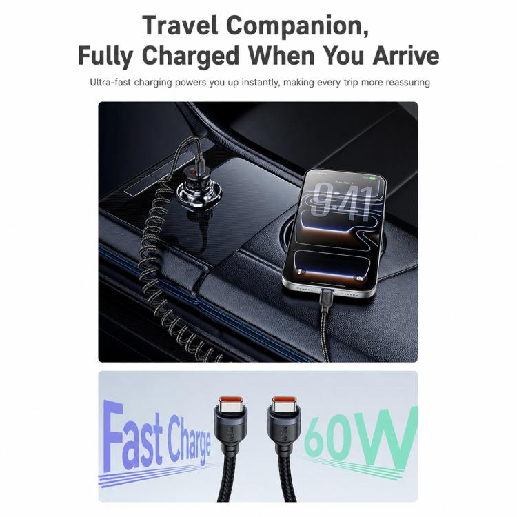 Yesido CA205 USB-C / Type-C to USB-C / Type-C Spring Charging Data Cable With Black cable tie, Length: 1.5m - Black