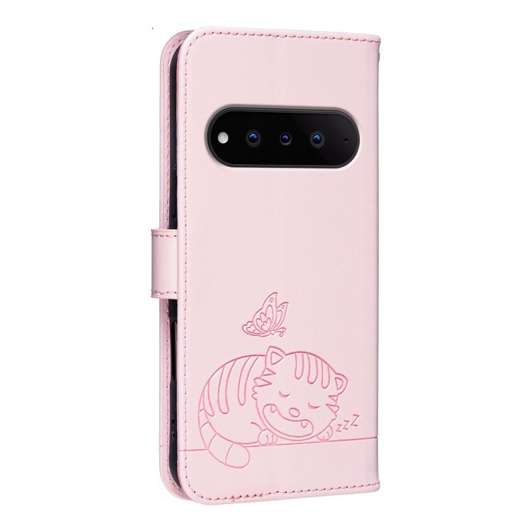 For Natural AI Phone 5G Cat Butterfly Embossed RFID Vegan Leather Phone Case with Strap