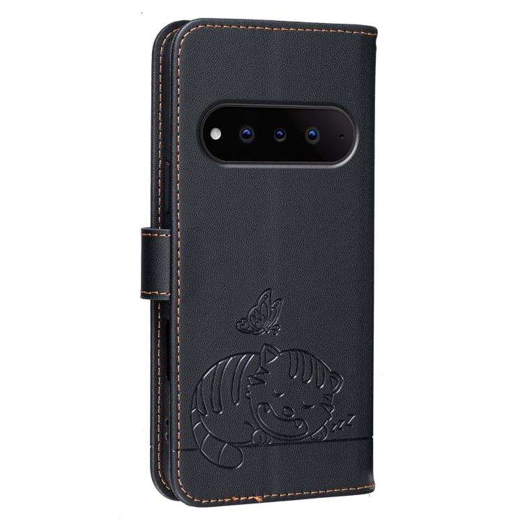 For Natural AI Phone 5G Cat Butterfly Embossed RFID Vegan Leather Phone Case with Strap