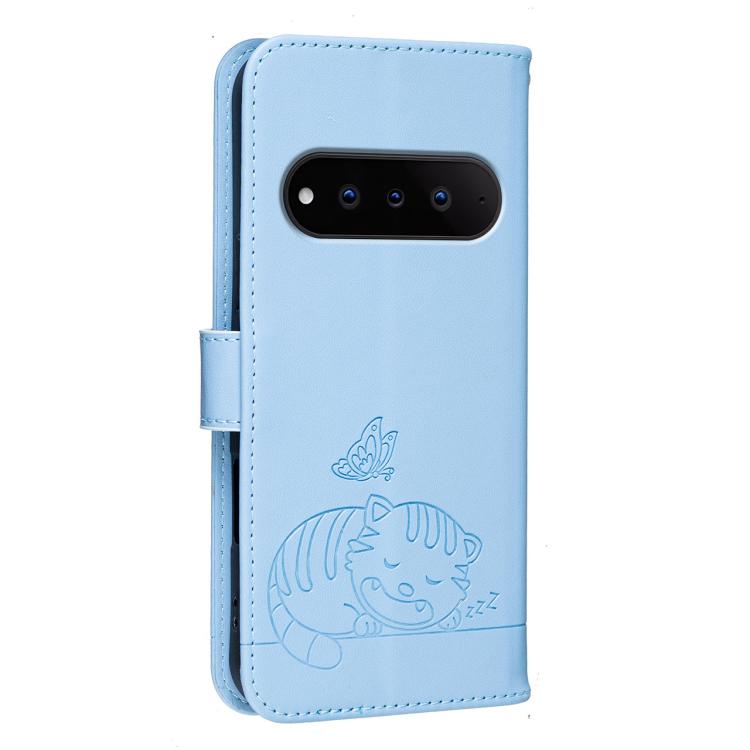 For Natural AI Phone 5G Cat Butterfly Embossed RFID Vegan Leather Phone Case with Strap