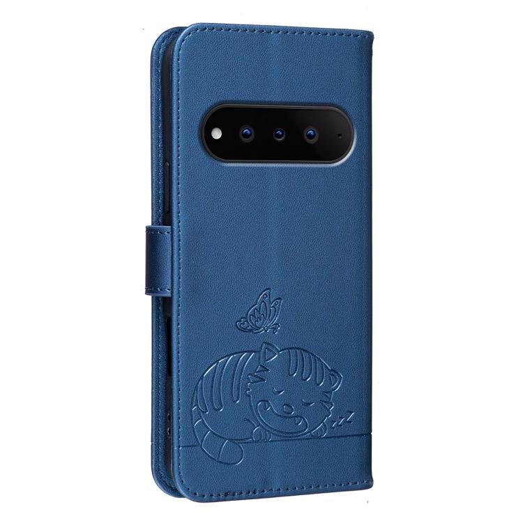 For Natural AI Phone 5G Cat Butterfly Embossed RFID Vegan Leather Phone Case with Strap