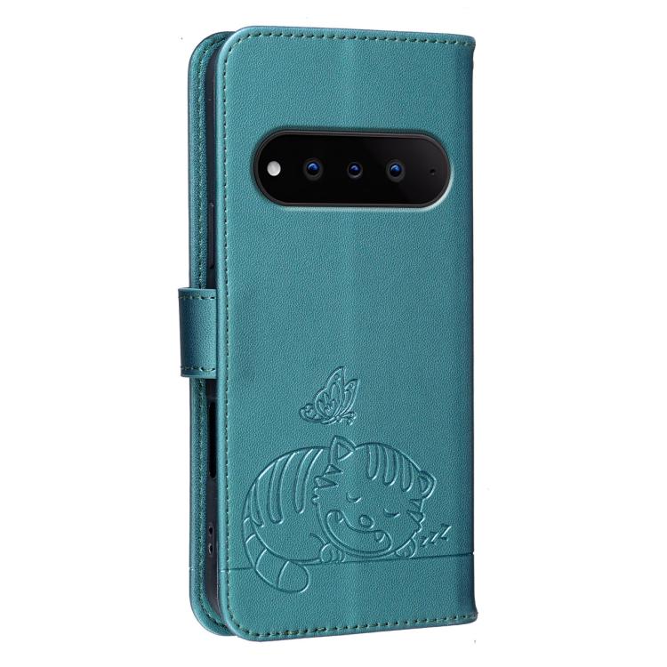 For Natural AI Phone 5G Cat Butterfly Embossed RFID Vegan Leather Phone Case with Strap