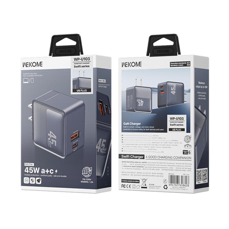 WK WP-U103 Swift 45W USB-C / Type-C, USB-A Charger, Plug:US Plug - Grey