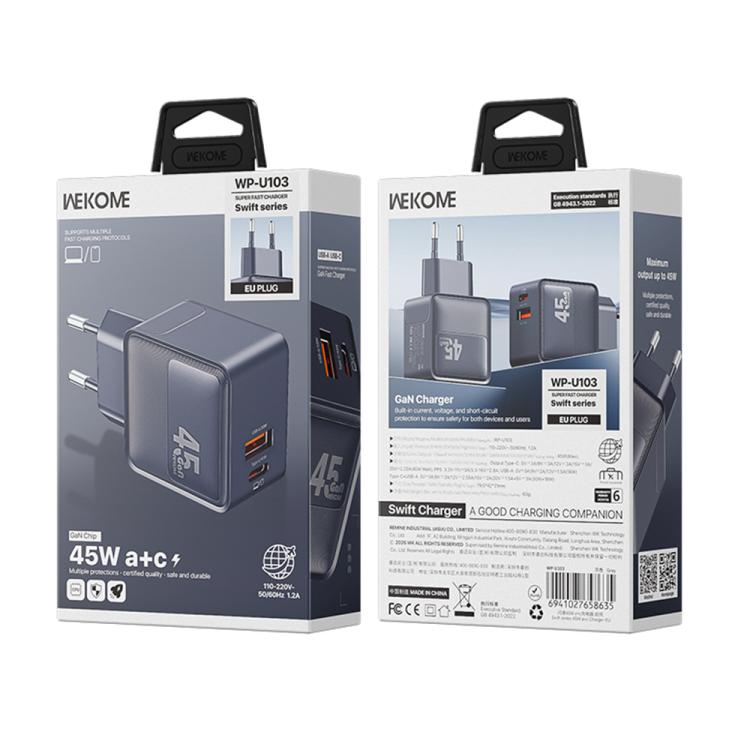 WK WP-U103 Swift 45W USB-C / Type-C, USB-A Charger, Plug:EU Plug - Grey