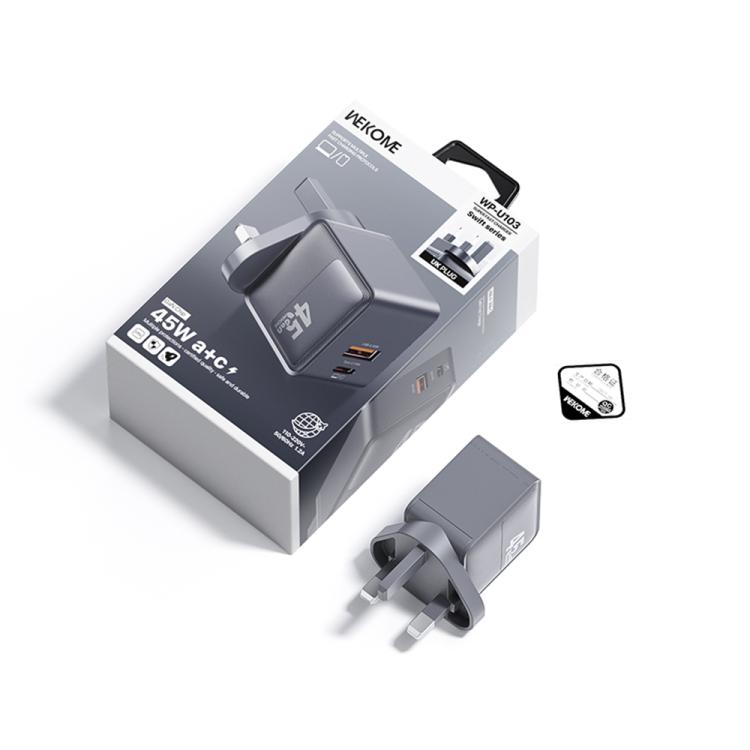 WK WP-U103 Swift 45W USB-C / Type-C, USB-A Charger, Plug:UK Plug - Grey