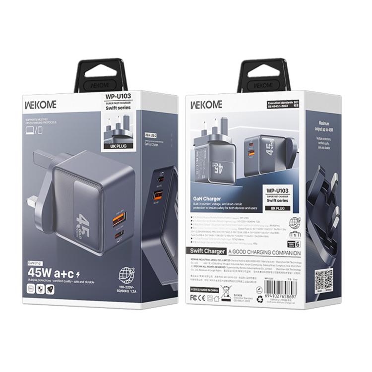 WK WP-U103 Swift 45W USB-C / Type-C, USB-A Charger, Plug:UK Plug - Grey