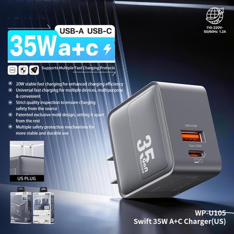 WK WP-U105 Swift 35W USB-C / Type-C, USB-A Charger, Plug:US Plug - Grey