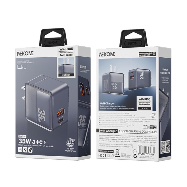 WK WP-U105 Swift 35W USB-C / Type-C, USB-A Charger, Plug:US Plug - Grey