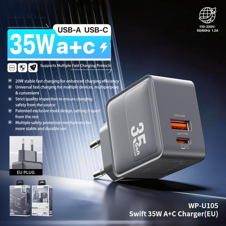 WK WP-U105 Swift 35W USB-C / Type-C, USB-A Charger, Plug:EU Plug - Grey