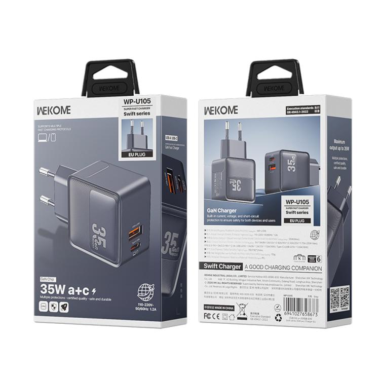 WK WP-U105 Swift 35W USB-C / Type-C, USB-A Charger, Plug:EU Plug - Grey