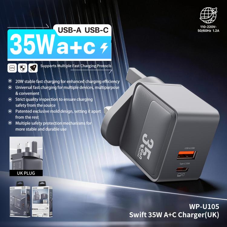 WK WP-U105 Swift 35W USB-C / Type-C, USB-A Charger, Plug:UK Plug - Grey