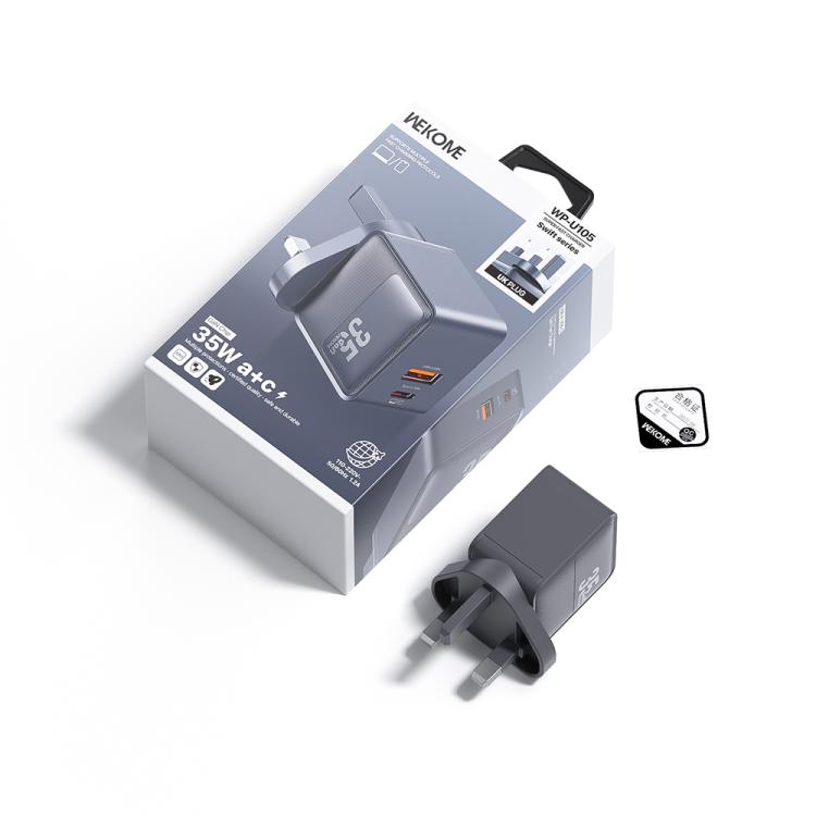 WK WP-U105 Swift 35W USB-C / Type-C, USB-A Charger, Plug:UK Plug - Grey