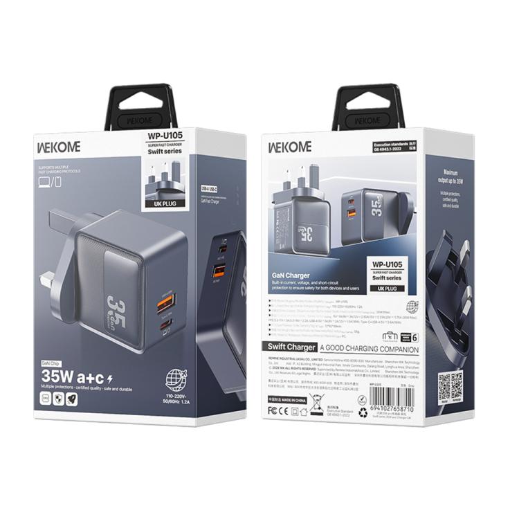 WK WP-U105 Swift 35W USB-C / Type-C, USB-A Charger, Plug:UK Plug - Grey