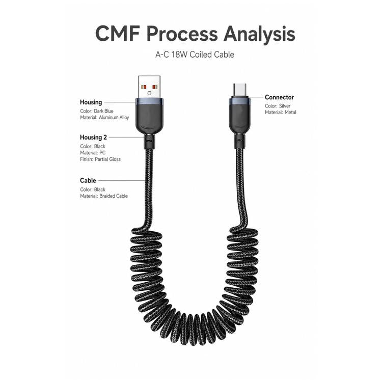 Yesido CA205C USB to Type-C Spring Charging Data Cable With Black cable tie, Length: 1.5m - Black