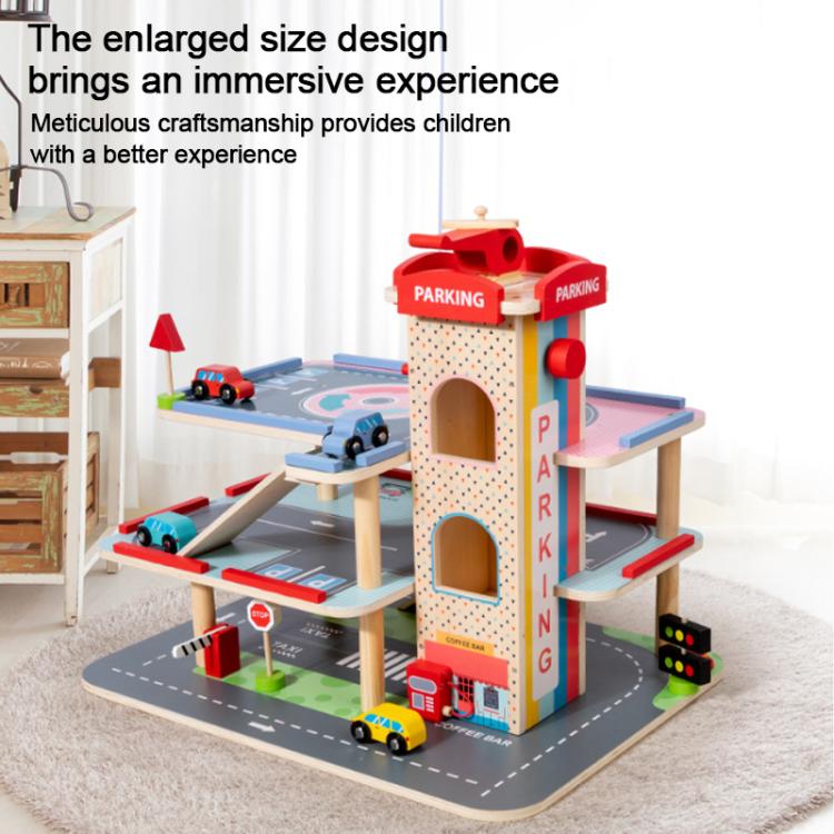 Children Wooden Pretend Play Simulation 3-tier Parking Lot