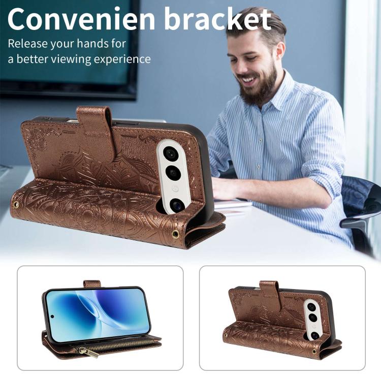 For vivo S50 Pro mini/X300 FE 5G Zeiss Mandala Embossed 9-Card Zipper RFID Vegan Leather Phone Case with Short Lanyard