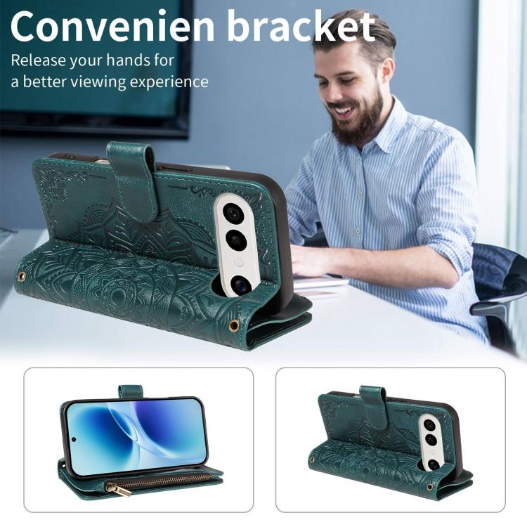 For vivo S50 Pro mini/X300 FE 5G Zeiss Mandala Embossed 9-Card Zipper RFID Vegan Leather Phone Case with Short Lanyard