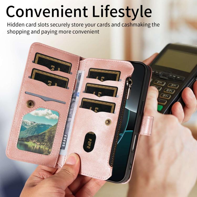 For vivo V70 FE 5G Mandala Embossed 9-Card Zipper RFID Vegan Leather Phone Case with Short Lanyard