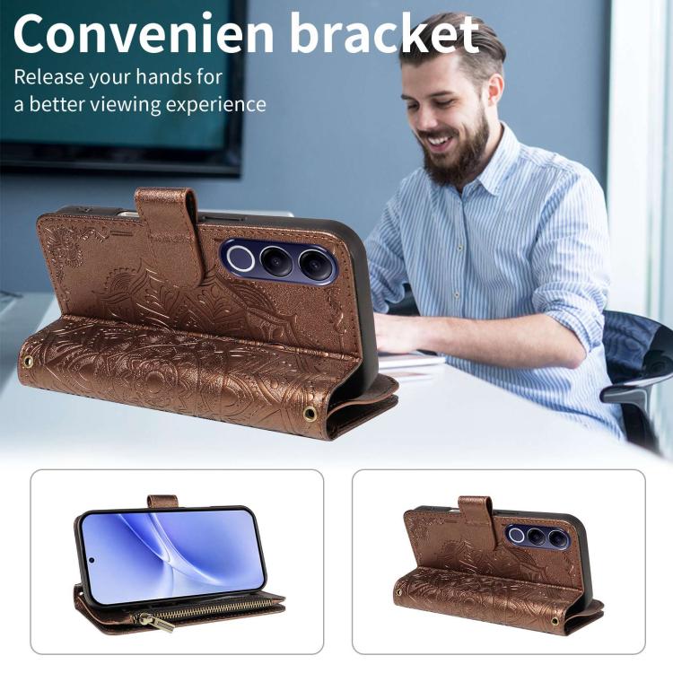 For vivo V70 FE 5G Mandala Embossed 9-Card Zipper RFID Vegan Leather Phone Case with Short Lanyard