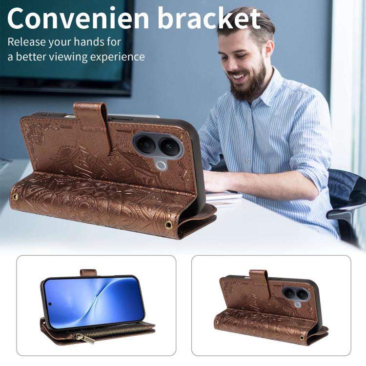 For vivo V60 Lite 5G Mandala Embossed 9-Card Zipper RFID Vegan Leather Phone Case with Short Lanyard
